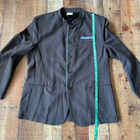 Mens Gray Mandarin Collar Blazer With Blue Trim & Button Details Size L - Picture 3 of 6